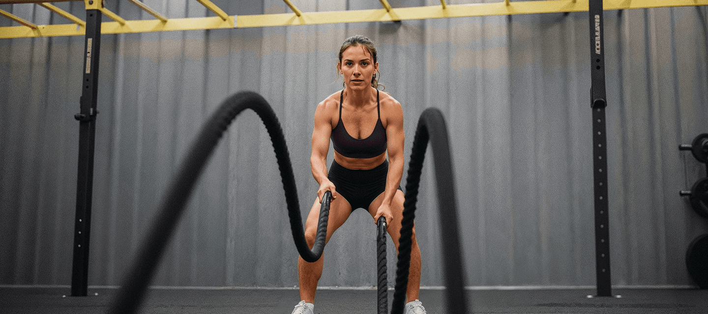 Aluna treinando com battle ropes na aula de Smart Cross da Smart Fit